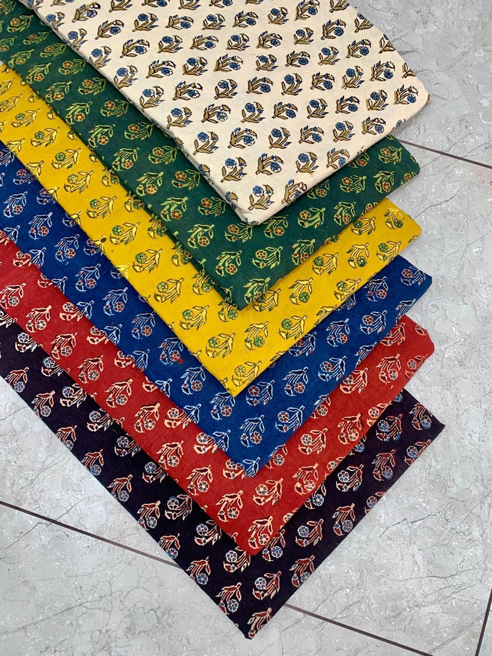 Traditional Ajrakh multi-colour handblock printed cotton fabric wholesale for boutiques and designers by Fabtexs.